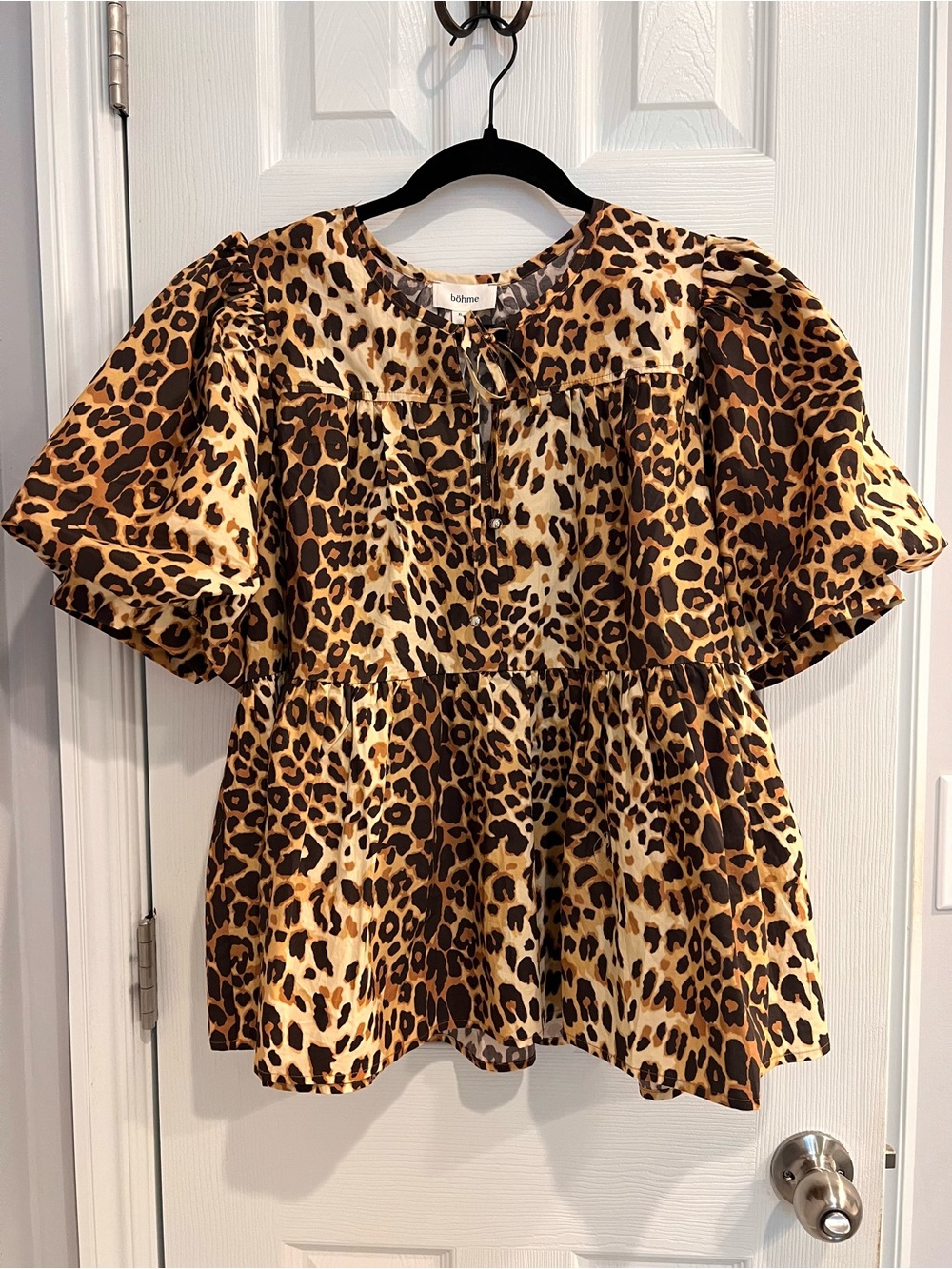 NWT Bohme Leopard Print Puff Sleeve Babydoll Tie Front Statement Blouse Top XL